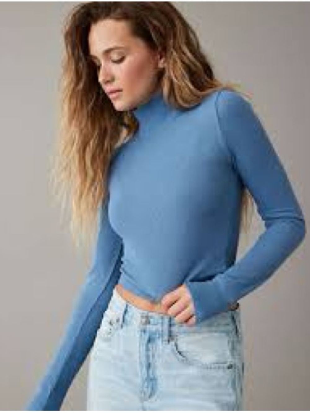 American Eagle Outfitters Light Blue Mock Neck Long-Sleeve Top